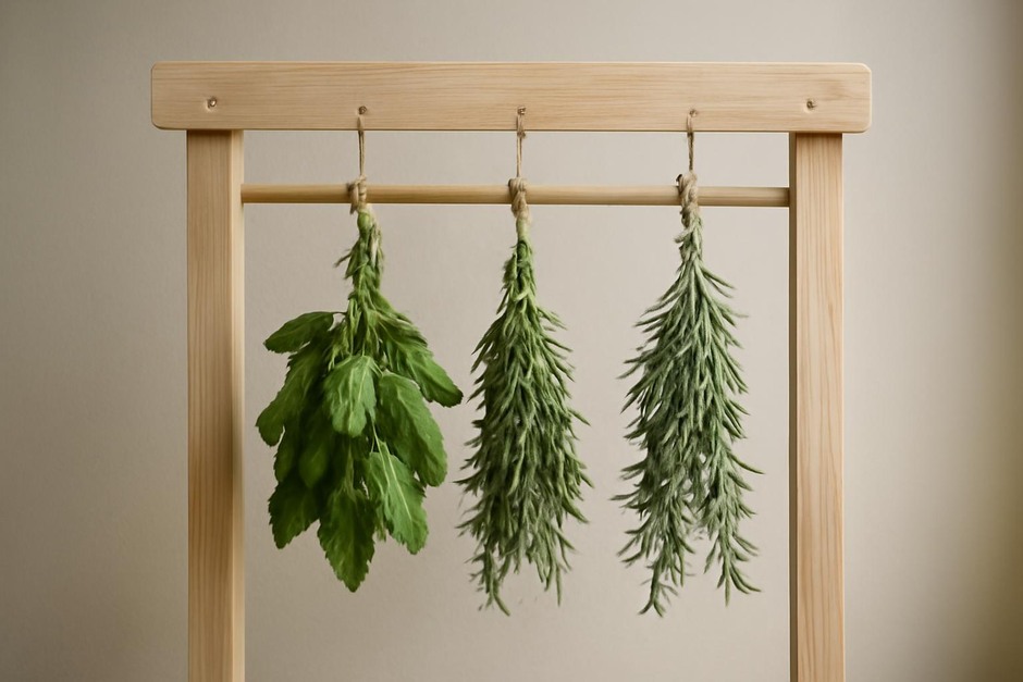 Simple indoor herb drying rack with bundles of basil and rosemary hanging