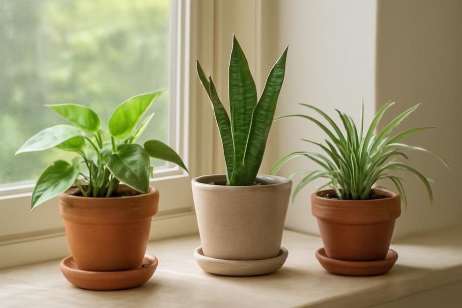 Three small potted houseplants on a sunny windowsill