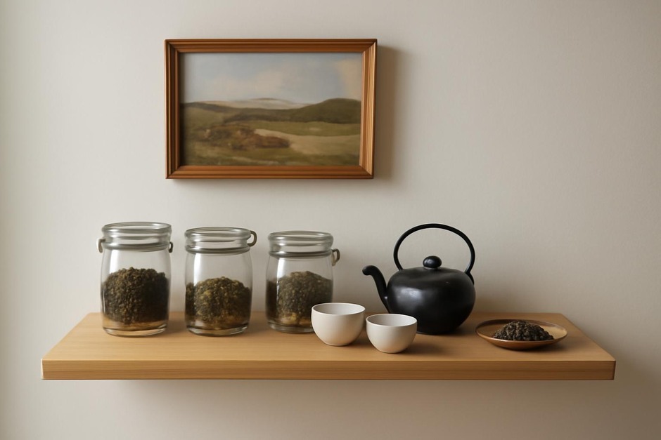 A narrow wooden shelf arranged with jars, a small kettle, and teacups